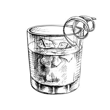 Buzlu ve dilimlenmiş limonlu Negroni kokteyli. Vektör vintage kuluçkadan çıkıyor