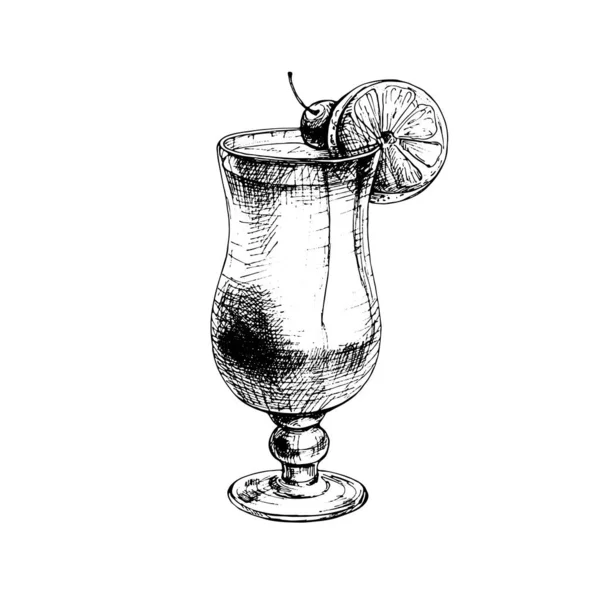 Tequila sunrise cocktai with cherry and slice orange. Vector vintage hatching — Stockvektor