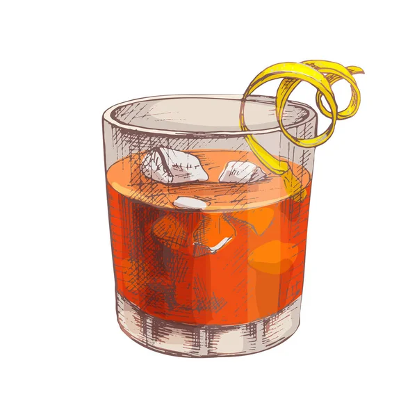 Negroni cocktail with ice cube and twist slice lemon. Vector vintage hatching — Stock Vector