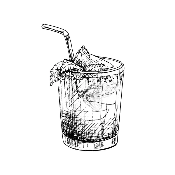 Mojito cocktail with straw, slice strawberry and mint leaf. Vintage hatching — Image vectorielle