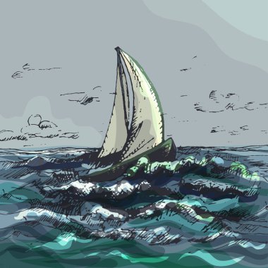 Deniz dalgalarında yüzen bir yat. Vector vintage kuluçkadan çıkan renk çizimi. Beyaz arka planda izole edilmiş. El çizimi tasarım