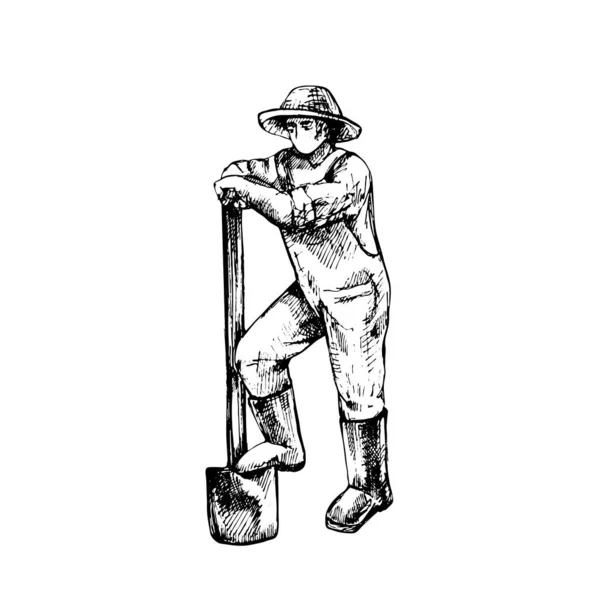 Fermierul Sapă Lopată Vintage Vector Eclozare Negru Mână Desenată Ilustrație — Vector de stoc