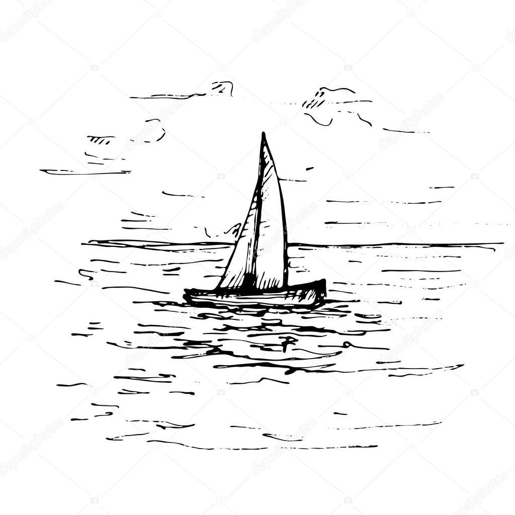 Yacht floating on the sea waves. Vector vintage hatching color illustration. Isolated on white background. Hand drawn design