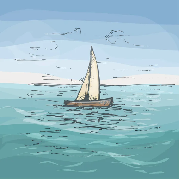 Deniz dalgalarında yüzen bir yat. Vector vintage kuluçkadan çıkan renk çizimi. Beyaz arka planda izole edilmiş. El çizimi tasarım