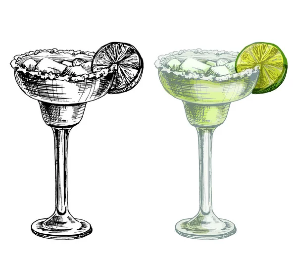 Margarita cocktail with slice lime, ice cube and salt. Vintage hatching — Stock Vector