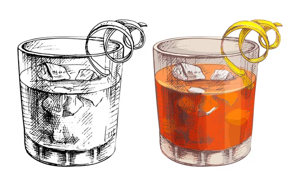 Cóctel Negroni con cubitos de hielo y rodaja de limón. Vector de eclosión vintage — Archivo Imágenes Vectoriales