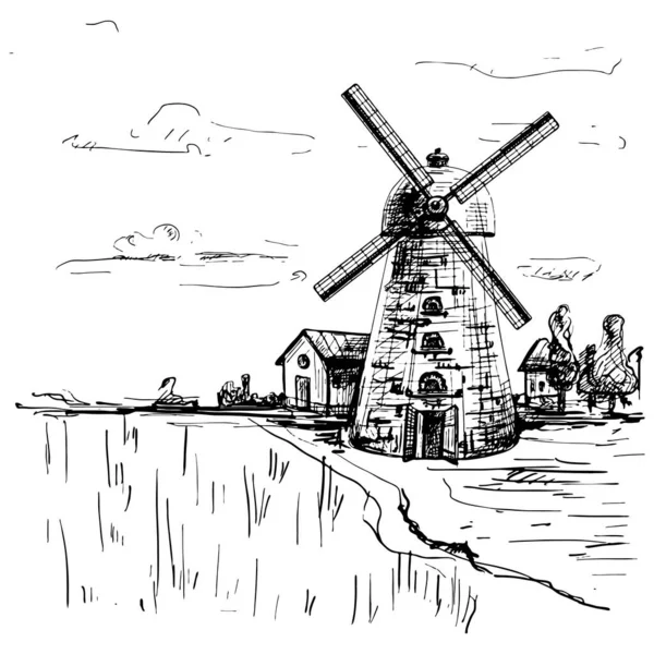Mulino a vento sul campo di grano. Illustrazione di tratteggio vettoriale vintage — Vettoriale Stock