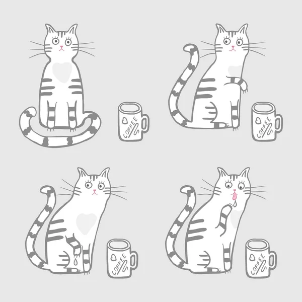 แมวน่ารักกับกาแฟหนึ่งถ้วย ตัวการ์ตูนเวกเตอร์ แมวสี่ตัวพยายามชงกาแฟด้วยอุ้งเท้า ภาพวาดด้วยมือสําหรับเด็ก ๆ เด็กทารก การออกแบบสําหรับผ้า, สิ่งทอ, ห่อ สีเทาอ่อน — ภาพเวกเตอร์สต็อก