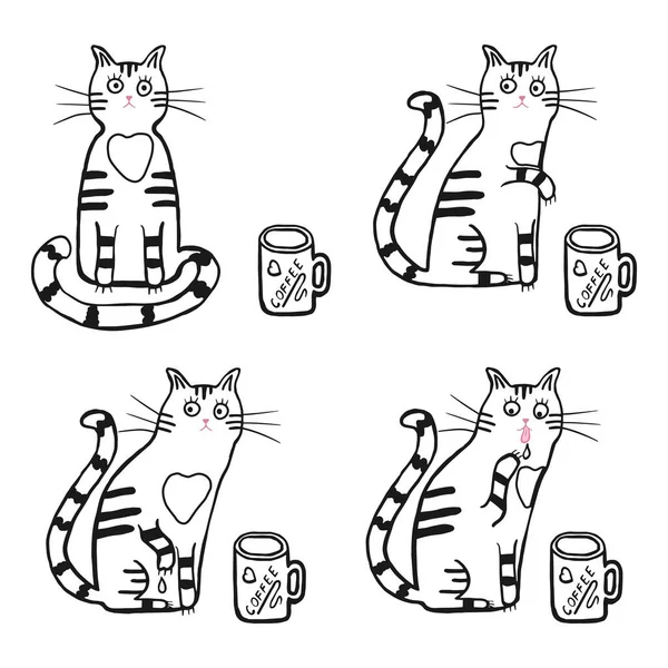 แมวน่ารักกับกาแฟหนึ่งถ้วย ตัวการ์ตูนเวกเตอร์ แมวสี่ตัวพยายามชงกาแฟด้วยอุ้งเท้า ภาพวาดด้วยมือสําหรับเด็ก ๆ เด็กทารก การออกแบบสําหรับผ้า, สิ่งทอ, ห่อ หน้าสี — ภาพเวกเตอร์สต็อก