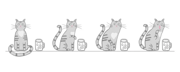แมวน่ารักกับกาแฟหนึ่งถ้วย ตัวการ์ตูนเวกเตอร์ แมวสี่ตัวพยายามชงกาแฟด้วยอุ้งเท้า ภาพวาดด้วยมือสําหรับเด็ก ๆ เด็กทารก การออกแบบสําหรับผ้า, สิ่งทอ, ห่อ สีเทาอ่อน — ภาพเวกเตอร์สต็อก