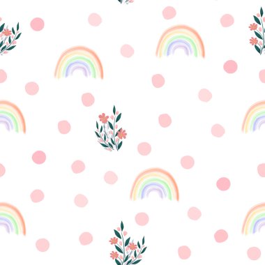 Çiçeksiz desen. Kusursuz bahar çiçeği arka planı. El çizimi, vektör çizimi. Gökkuşağı ve pembe benekli narin çiçekler. Çocuklar için çizgi film tasarımı, bebek kumaşı, tekstil ambalajı.