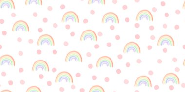 Gökkuşağı ve rastgele çizilmiş noktalar pürüzsüz desen. Şirin bir bahar, pembe noktalı ve gökkuşaklı kusursuz bir vektör arka planı. Çocuk çizgi filmi tarzı. Çocuk, çocuk, bebek, kumaş, tekstil için tasarım