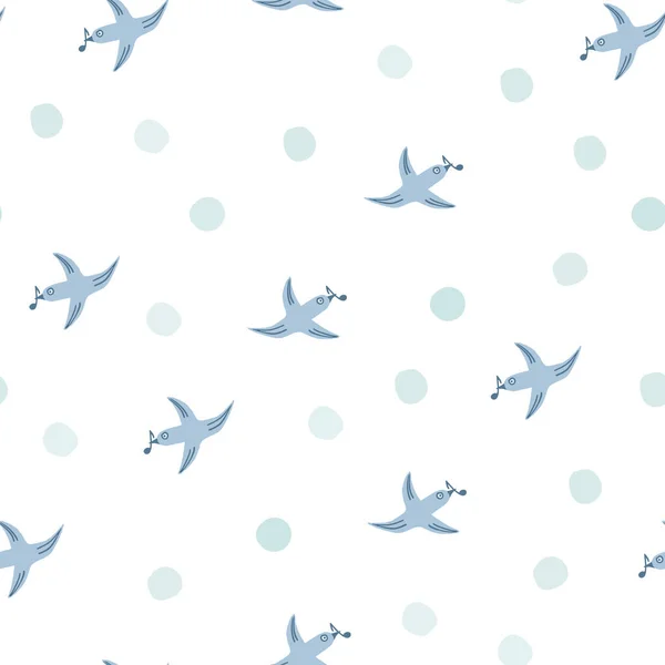 Spring bird seamless pattern with musical notes. Seamless white background with blue birds, circles, spots, dots. Hand drawn vector design, simple illustration for fabric, textile, wrapping, packaging — Stockvektor