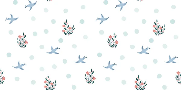 Spring birds and flowers seamless pattern. Seamless simple floral background with blue birds, spots, flowers. Hand drawn vector design, simple illustration for fabric, textile, wrapping, packaging — Stockvector