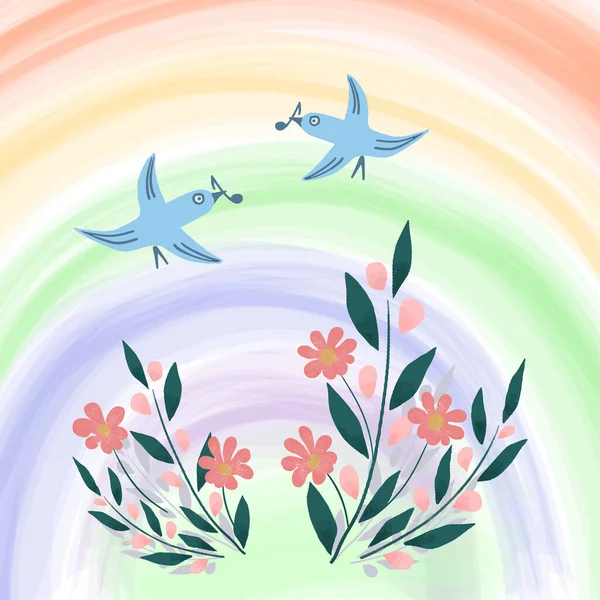 봄 또는 여름의 밝은 새, 꽃, 무지개의 그림. 귀여운 만화그리기. 밝은 색 손으로 그린 벡터 일러스트, 아이들을 위한 디자인, 아기 직물. 어린 시절의 삽화 — 스톡 벡터