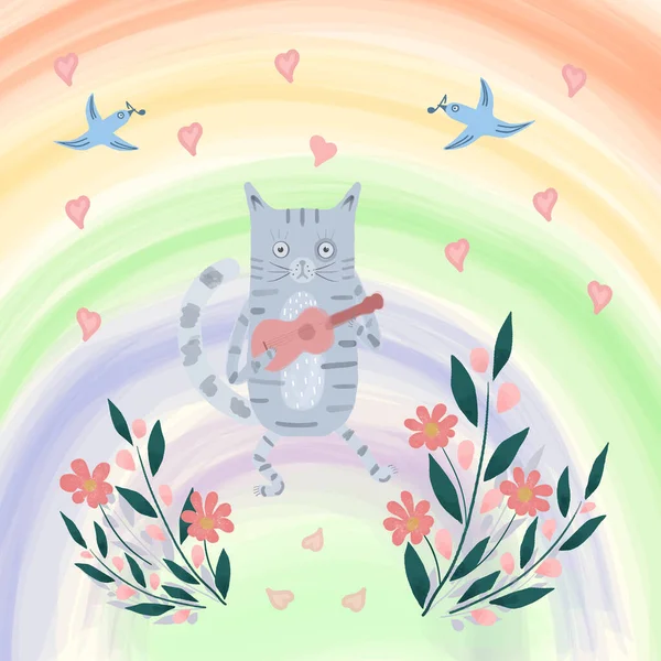 Bright illustration of cat with a guitar, birds, flowers, hearts and rainbow. Cute cartoon drawing. Valentines color hand drawn vector design for children, kids, baby. Spring, summer landscape. — Vector de stock
