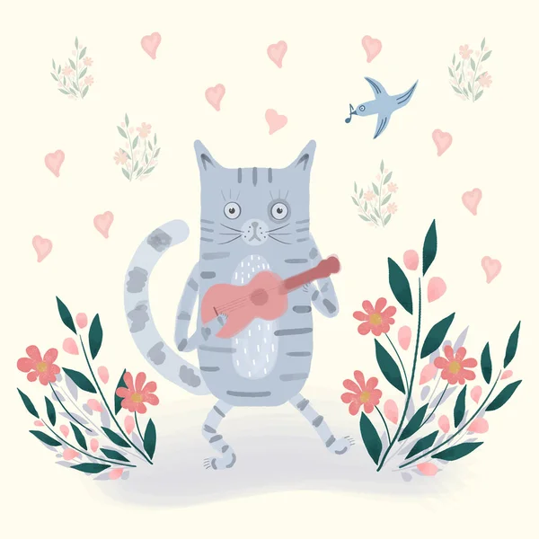 Bright illustration of cat with a guitar, birds, flowers, hearts. Cute cartoon drawing. Happy Valentines color hand drawn vector design for children, kids, baby. Spring, summer landscape greeting card — Vector de stock