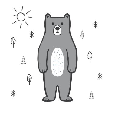 Ormandaki sevimli ayı, güneş. Karalama, taslak, çocukça çizimler. Gri bir ayının çizgi film karakteri. El çizimi çocuk baskısı, ambalaj, kumaş ve tekstil için vektör çizimi. Çocuksu çizimler.