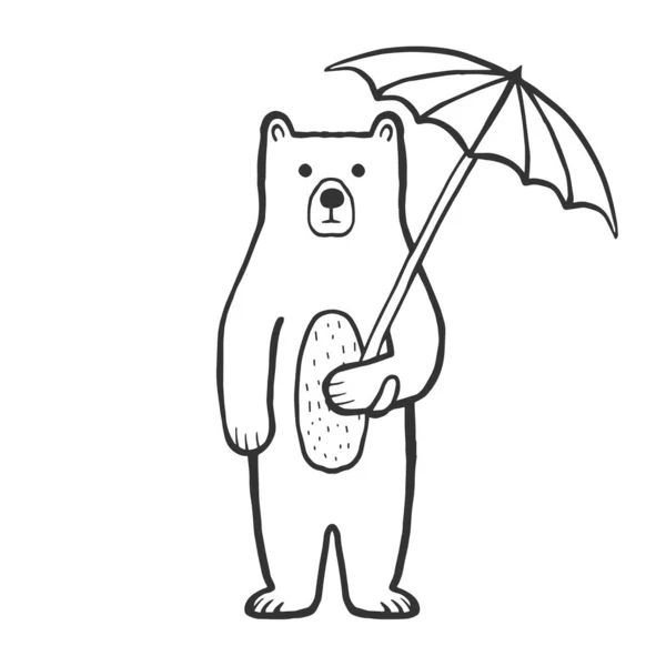 Cute Bear Umbrella Outline Coloring Page Kids Doodle Sketch Cartoon — Stock Vector