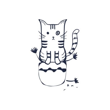 Cute cat in a flower pot. Cartoon character cat. Hand drawn outline illustration, coloring page, monochrome. Vector doodle sketch for children, kids. Childrens drawings for packaging, textiles, fabric