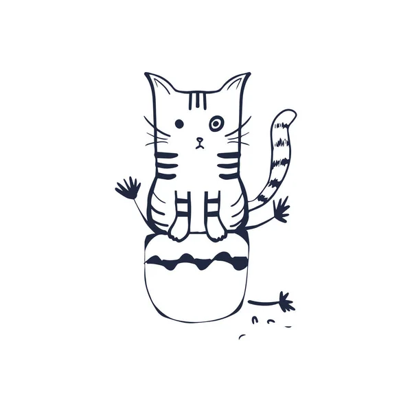 Cute Cat Flower Pot Cartoon Character Cat Hand Drawn Outline — Διανυσματικό Αρχείο