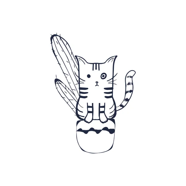 Cute Cat Flower Pot Cartoon Character Cat Hand Drawn Outline — Stockový vektor