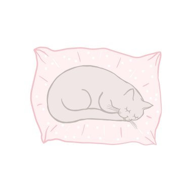 Cute sleeping cat on the pillow. Baby doodle. Cartoon character blue cat, childish illustration. Hand drawn vector illustration, kids fabric, textile, children's packaging, baby pattern