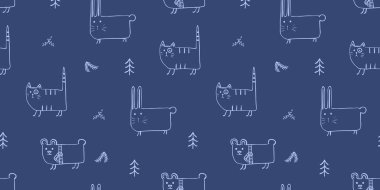 Seamless pattern childish animals illustration. Cute cat, funny bear, rabbit on blue. Kawaii cartoon character. Baby scandinavian vector pattern. Hand drawn lineart background for kids fabric textile