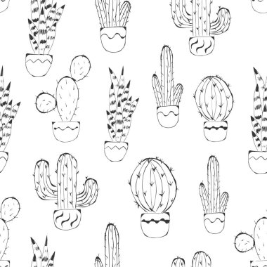 Cactus seamless pattern. Hand drawn cactus lineart. Home plants succulents black and white pattern. Doodle with cute cactus, floral seamless pattern.