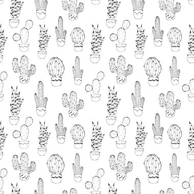 Cactus seamless pattern. Hand drawn cactus lineart. Home plants succulents black and white pattern. Doodle with cute cactus, floral seamless pattern.