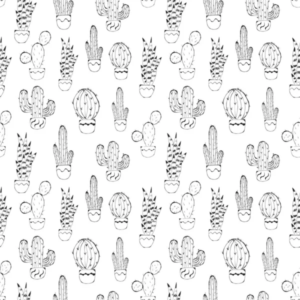 Cactus seamless pattern. Hand drawn cactus lineart. Home plants succulents black and white pattern. Doodle with cute cactus, floral seamless pattern.