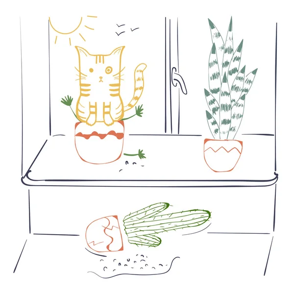 Funny Childish Hand Drawn Illustration Cute Cat Flower Pot Window — Vector de stock