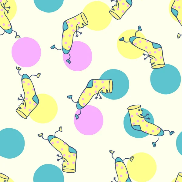Nahtloses Muster Mit Socken Handgezeichnete Zeichentrickfigur Niedliche Socken Und Punkte — Stockvektor
