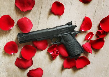 siyah silah kırmızı gül yaprakları