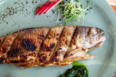 Turplu ve yeşil ıspanaklı alabalık. Yukarıdan bak. Metnin için boş yer. Yaşam tarzı. Izgara alabalık.