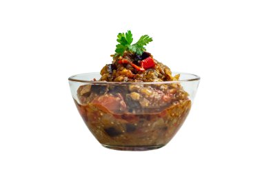 Dünyanın en sevilen sebze yemeği cam bir kasede yemek, ayapsandali, kerpeten, haşlanmış sebze, patlıcan havyarı. Ana malzemeler: patlıcan, domates, dolma biber, sarımsak, baharat..