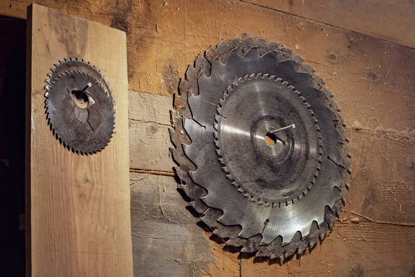 Set Circular Saw Blades Hangs Wooden Wall Carpentry Workshop Circular — kuvapankkivalokuva