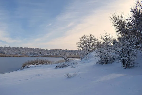 Paisaje Invernal Lago Congelado Orilla Cubierta Nieve Fresca —  Fotos de Stock