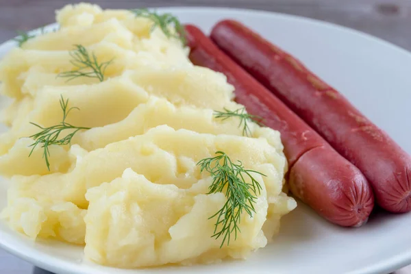 Close Mashed Potatoes Two Sausages Plate Selective Focus — Stock Photo, Image