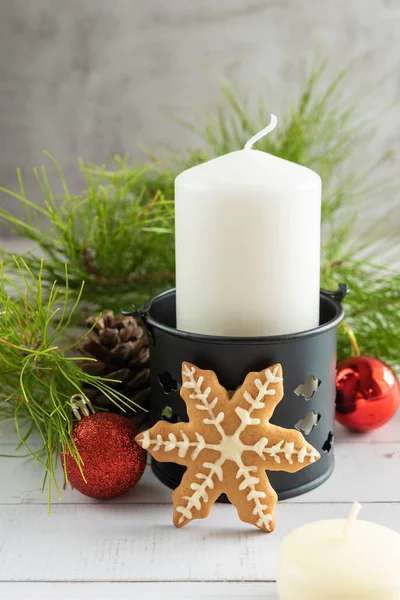 Kerst Achtergrond Met Decoraties Een Houten Tafel Verticaal Schot — Stockfoto