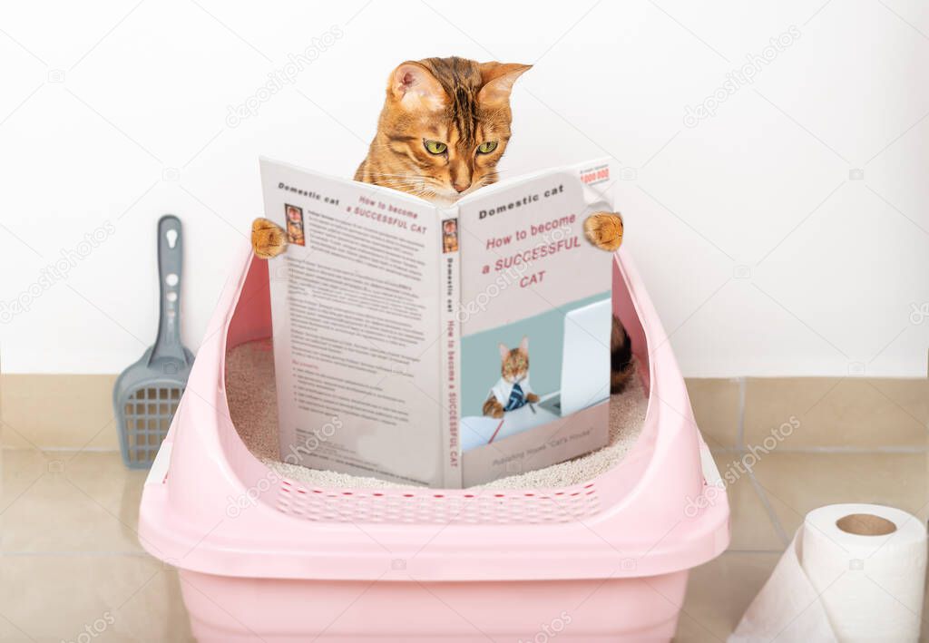 The cat is reading a book about successful cats while sitting on a cat litter box.