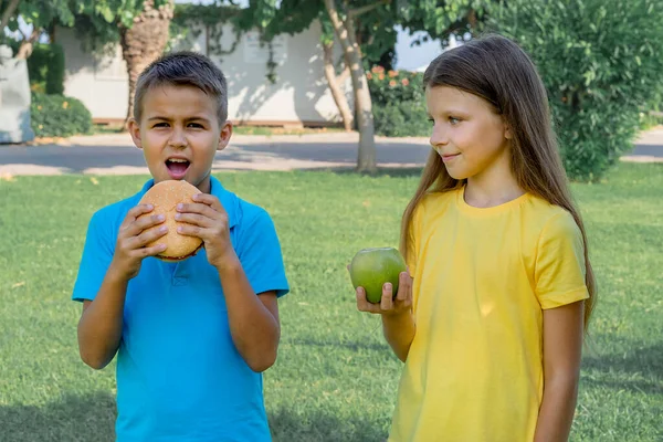 Teenage Boy Girl Apple Burger Park Choice Healthy Unhealthy Food — Foto Stock