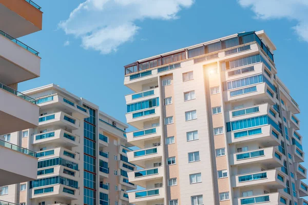 Several new newly built block residential buildings. Modern architecture against the sky.