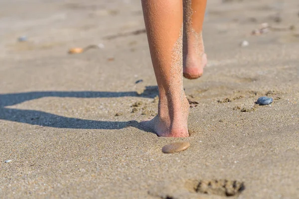 Legs Child Walking Sandy Beach Close — Photo