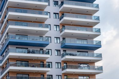 Tall apartment building. Fragment of a residential building. Architecture of Southern Turkey.