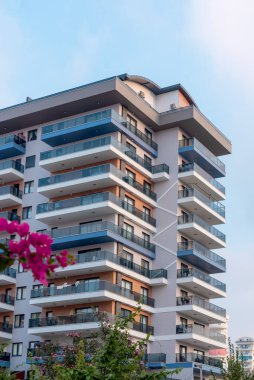 Tall apartment building. Fragment of a residential building. Architecture of Southern Turkey.