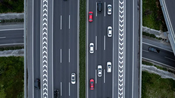 Upp Och Ner Flygutsikt Från Drönare Modern Trafikkorsning Flera Körfält — Stockfoto