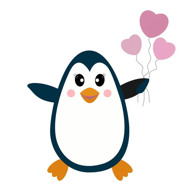 Lindo pingüino con globos sobre un fondo blanco. Ilustración vectorial — Vector de stock
