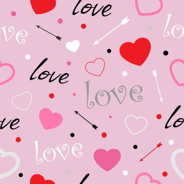 Kalpler, yuvarlak noktalar, oklar, aşk kelimesi. Romantik, pürüzsüz bir düzen. Vektör illüstrasyonu.