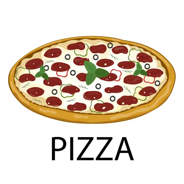 Čerstvá Pizza Sýrem Bazalkou Klobásou Olivami Paprikou Tradiční Italské Rychlé — Stockový vektor